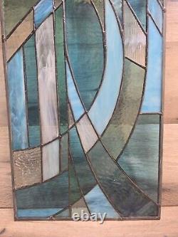 Stained Glass Hand Made Blue White Abstract Modernist Piece Large Panel 25 X 12