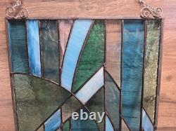 Stained Glass Hand Made Blue White Abstract Modernist Piece Large Panel 25 X 12