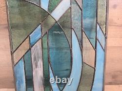 Stained Glass Hand Made Blue White Abstract Modernist Piece Large Panel 25 X 12