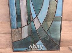 Stained Glass Hand Made Blue White Abstract Modernist Piece Large Panel 25 X 12