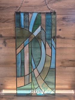 Stained Glass Hand Made Blue White Abstract Modernist Piece Large Panel 25 X 12