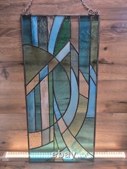 Stained Glass Hand Made Blue White Abstract Modernist Piece Large Panel 25 X 12