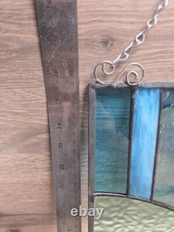 Stained Glass Hand Made Blue White Abstract Modernist Piece Large Panel 25 X 12