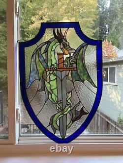 Stained Glass, Hand Painted, Dragon Sword Shield Panel Hanging Holes