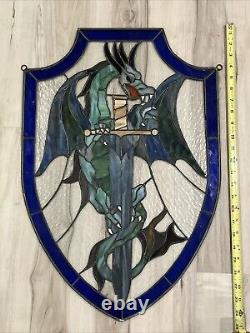 Stained Glass, Hand Painted, Dragon Sword Shield Panel Hanging Holes