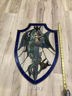 Stained Glass, Hand Painted, Dragon Sword Shield Panel Hanging Holes