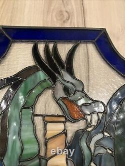 Stained Glass, Hand Painted, Dragon Sword Shield Panel Hanging Holes