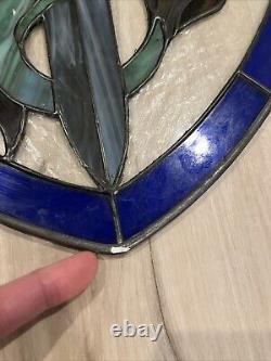 Stained Glass, Hand Painted, Dragon Sword Shield Panel Hanging Holes