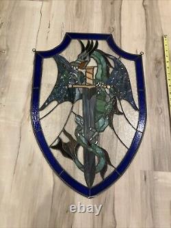 Stained Glass, Hand Painted, Dragon Sword Shield Panel Hanging Holes