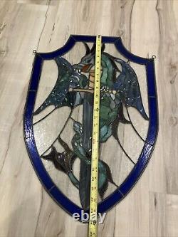 Stained Glass, Hand Painted, Dragon Sword Shield Panel Hanging Holes