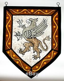 Stained Glass, Hand Painted, Kiln Fired, Griffin Heraldic Shield Panel, #2401-02