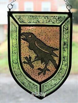 Stained Glass, Hand Painted, Kiln Fired, Raven Heraldic Shield Panel, 1306-07