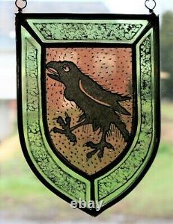 Stained Glass, Hand Painted, Kiln Fired, Raven Heraldic Shield Panel, 1306-07