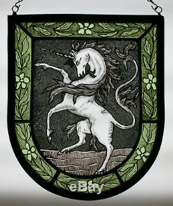 Stained Glass, Hand Painted, Kiln Fired, Unicorn Heraldic Shield Panel, #1304-01