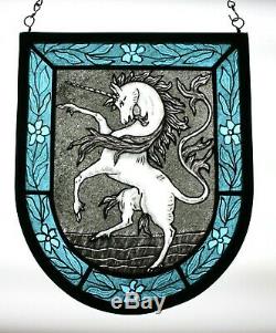 Stained Glass, Hand Painted, Kiln Fired, Unicorn Heraldic Shield Panel, #1304-02