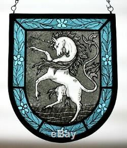 Stained Glass, Hand Painted, Kiln Fired, Unicorn Heraldic Shield Panel, #1304-02