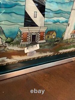 Stained Glass/Hand Painted Panel AMIA Seacoast Village, Lighthouse, Ocean 23x13