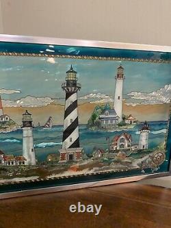 Stained Glass/Hand Painted Panel AMIA Seacoast Village, Lighthouse, Ocean 23x13