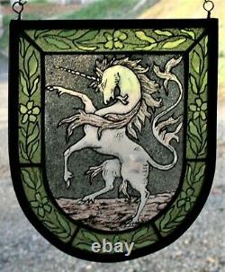 Stained Glass, Hand Painted, Unicorn Heraldic Shield Panel, #2400-03
