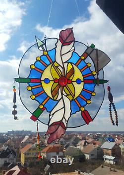 Stained Glass Hanging Window Large Panel Two Feathers Tiffany Style Handmade