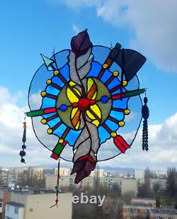 Stained Glass Hanging Window Large Panel Two Feathers Tiffany Style Handmade