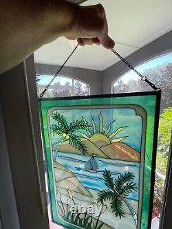 Stained Glass Hanging Window Pane Ocean Mountain Palm Scene Suncatcher Panel