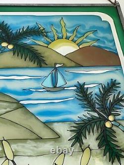 Stained Glass Hanging Window Pane Ocean Mountain Palm Scene Suncatcher Panel