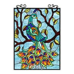 Stained Glass Hanging Window Panel Peacock In Tree Tiffany Style 25H