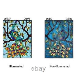 Stained Glass Hanging Window Panel Peacock In Tree Tiffany Style 25H