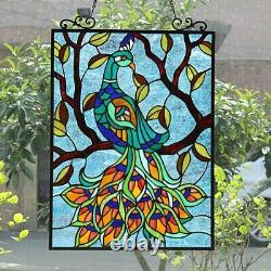 Stained Glass Hanging Window Panel Peacock In Tree Tiffany Style 25H