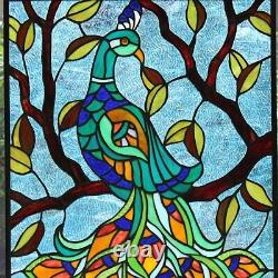 Stained Glass Hanging Window Panel Peacock In Tree Tiffany Style 25H