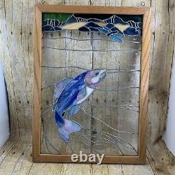 Stained Glass Hanging Window Panel Trout Fish Dragonfly Stream FLAW