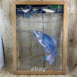 Stained Glass Hanging Window Panel Trout Fish Dragonfly Stream FLAW