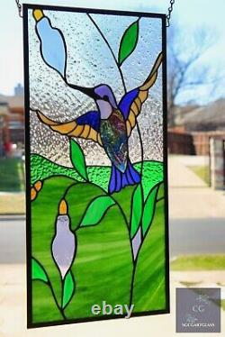Stained Glass Hummingbird Panel, Contemporary Window Hanging, s, Iridized 12x24
