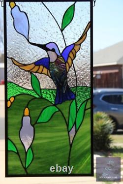 Stained Glass Hummingbird Panel, Contemporary Window Hanging, s, Iridized 12x24