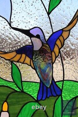 Stained Glass Hummingbird Panel, Contemporary Window Hanging, s, Iridized 12x24