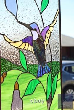 Stained Glass Hummingbird Panel, Contemporary Window Hanging, s, Iridized 12x24