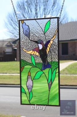 Stained Glass Hummingbird Panel, Contemporary Window Hanging, s, Iridized 12x24