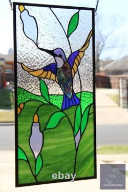 Stained Glass Hummingbird Panel, Contemporary Window Hanging, s, Iridized 12x24