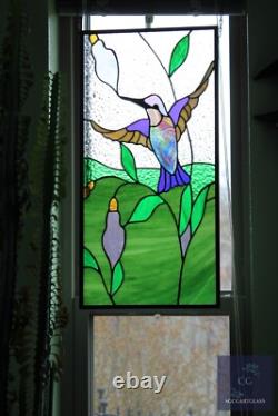 Stained Glass Hummingbird Panel, Contemporary Window Hanging, s, Iridized 12x24