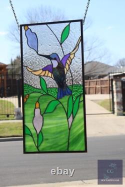 Stained Glass Hummingbird Panel, Contemporary Window Hanging, s, Iridized 12x24