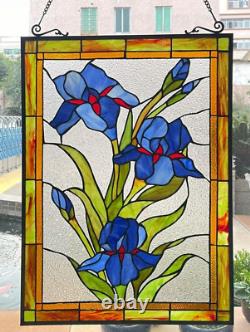 Stained Glass Iris Floral Flower Design Tiffany Style Hanging Window Panel