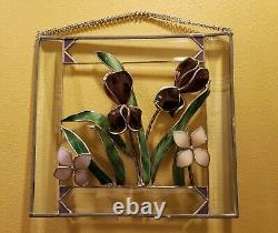 Stained Glass Iris Tiffany Style 3D Window Hanging Art Panel Floral Vintage Rare