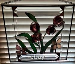 Stained Glass Iris Tiffany Style 3D Window Hanging Art Panel Floral Vintage Rare