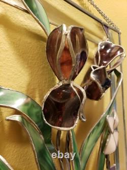 Stained Glass Iris Tiffany Style 3D Window Hanging Art Panel Floral Vintage Rare