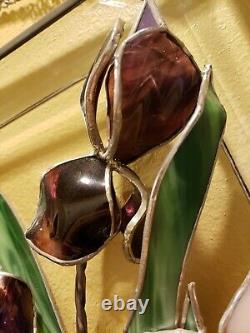 Stained Glass Iris Tiffany Style 3D Window Hanging Art Panel Floral Vintage Rare