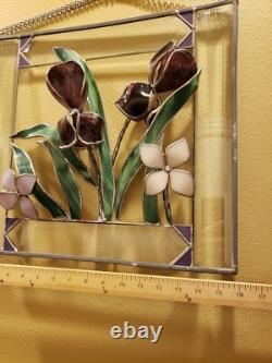 Stained Glass Iris Tiffany Style 3D Window Hanging Art Panel Floral Vintage Rare