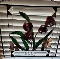 Stained Glass Iris Tiffany Style 3D Window Hanging Art Panel Floral Vintage Rare
