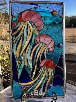 Stained Glass Jellyfish Underwater Ocean Mosaic Window Suncatcher Panel OOAK
