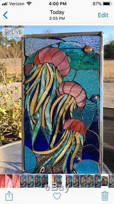 Stained Glass Jellyfish Underwater Ocean Mosaic Window Suncatcher Panel OOAK